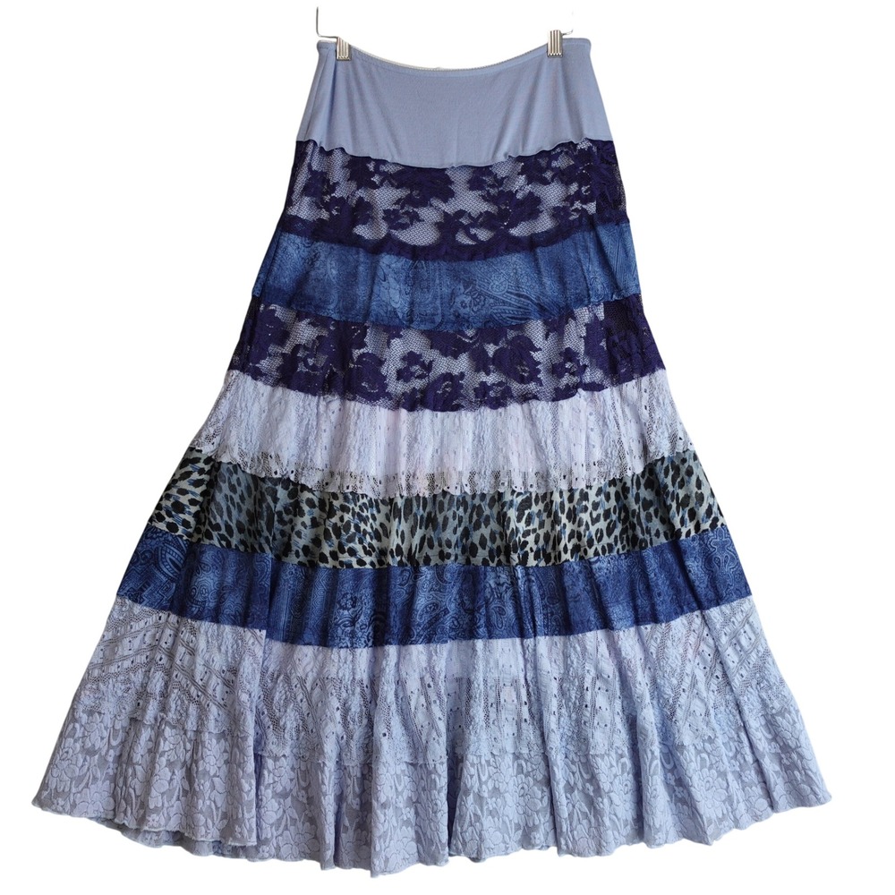 Vintage Y2K Cache Tiered Lace Animal Print Maxi Skirt S Blue Boho Fairy Festival